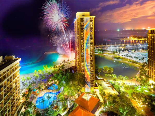 [UP][슬림][관광1일+자유4일] 초특급 힐튼 하와이언 빌리지 ＜리조트뷰-＞오션뷰＞ 하와이 7일 ＜3인 전용＞